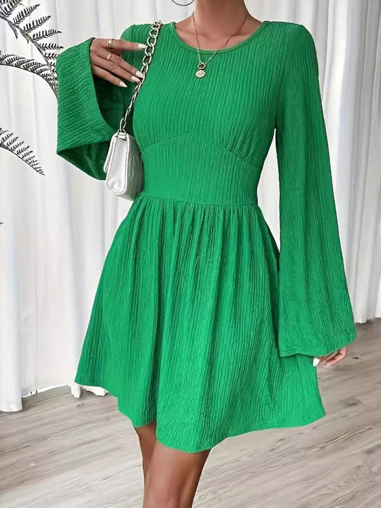 Helena — Round Neck Flare Sleeve Mini Dress