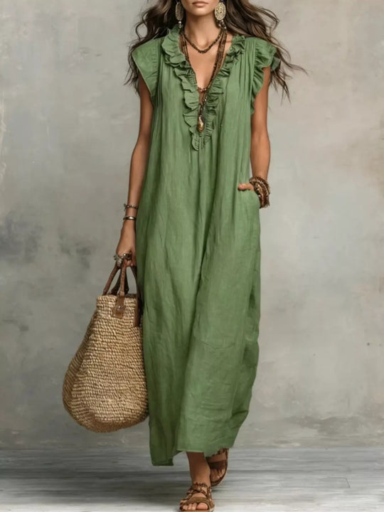 Carmen — Ruffled V-Neck Cap Sleeve Maxi Dress