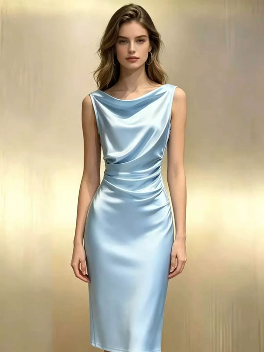 Mirabel — Satin Cowl Neck Ruched Sleeveless Dress