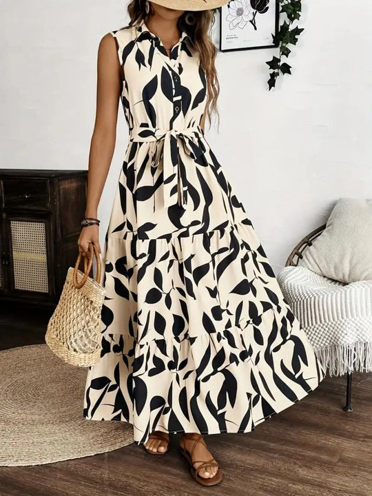 Margaux — Printed Tie Waist Sleeveless Maxi Dress