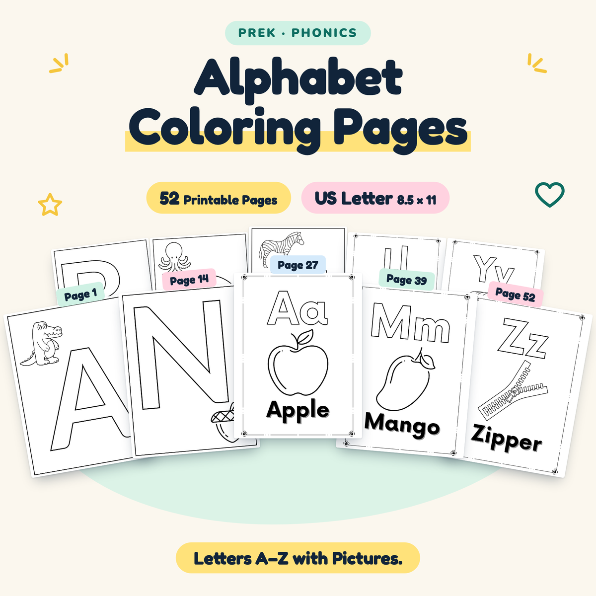 Alphabet Coloring Pages — Letters A–Z with Pictures, PreK — cover