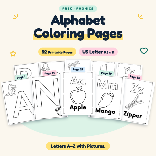 Alphabet Coloring Pages — Letters A–Z with Pictures, PreK — cover