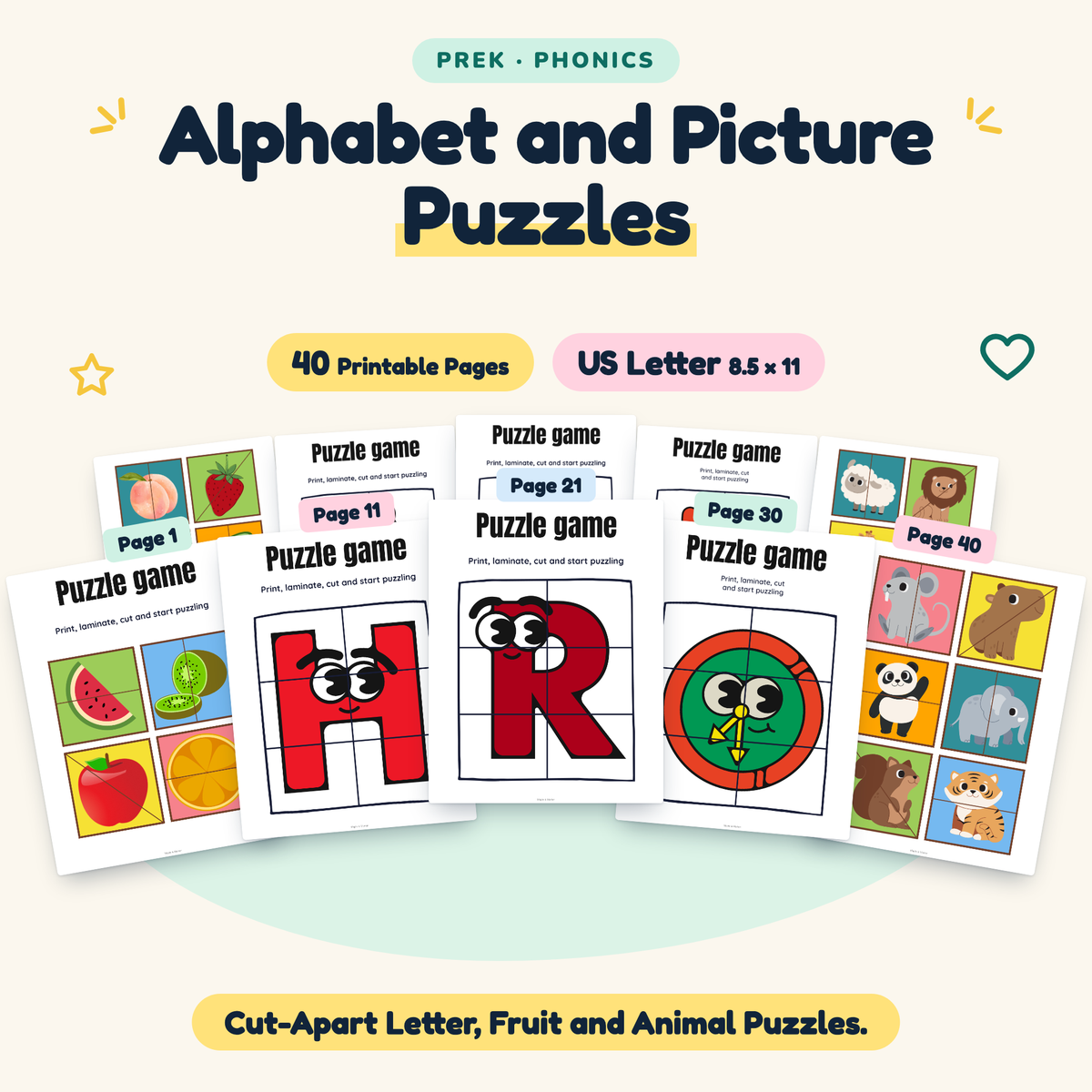 Alphabet and Picture Puzzles — Cut-Apart Letter, Fruit and Animal Puzzles, PreK — cover