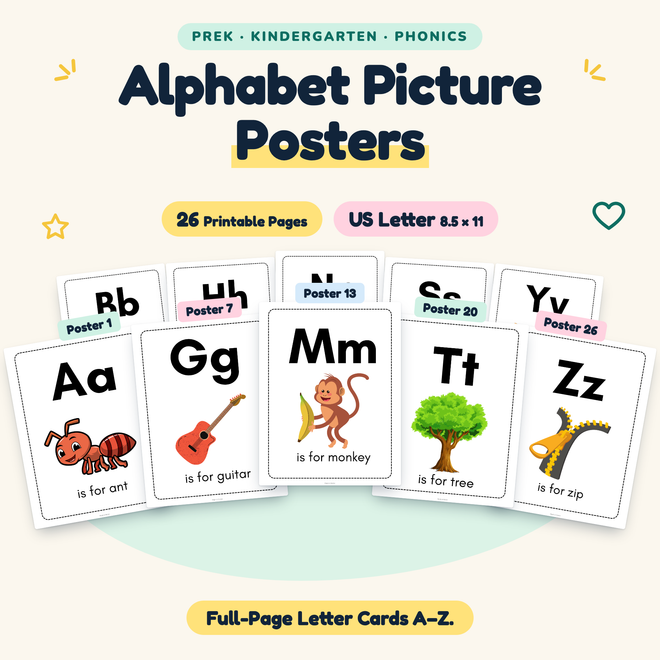 Alphabet Picture Posters — Full-Page Letter Cards A–Z, PreK–K — cover