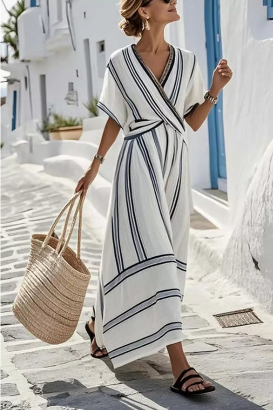 Maeve — Striped Wrap Half Sleeve Maxi Dress