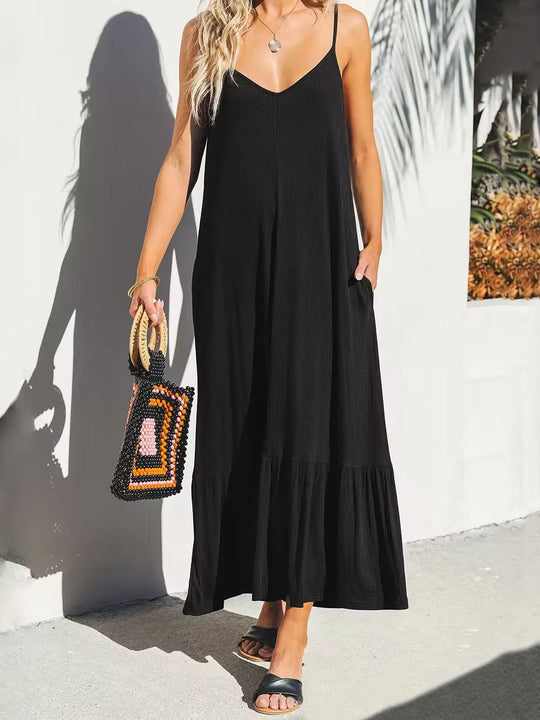 Calla — V-Neck Ruffled Hem Midi Cami Dress