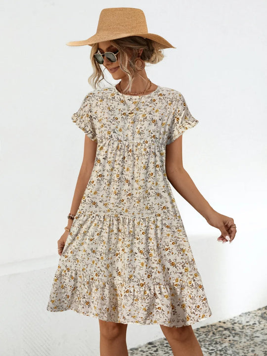 Faye — Frill Floral Round Neck Short Sleeve Tiered Dress