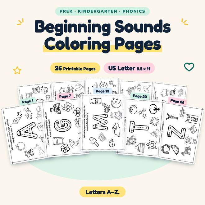 Beginning Sounds Coloring Pages — Letters A–Z, PreK–K — cover