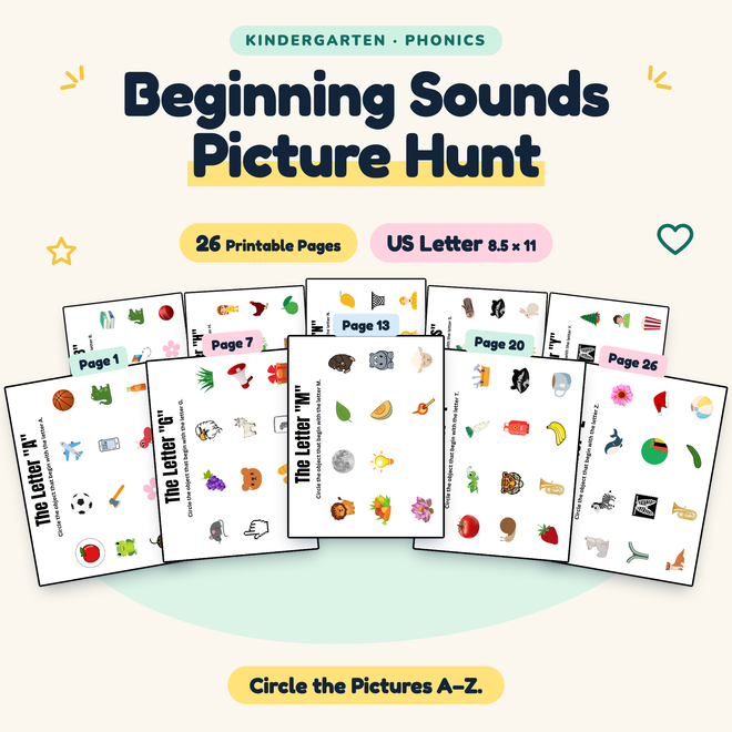 Beginning Sounds Picture Hunt — Circle the Pictures A–Z, Kindergarten — cover