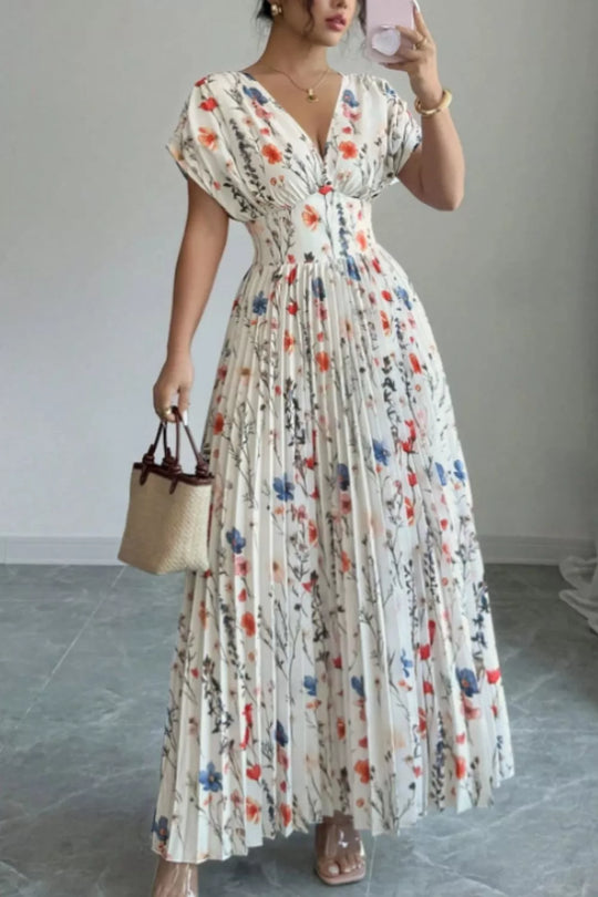 Marina — Floral Print Pleated Maxi Dress