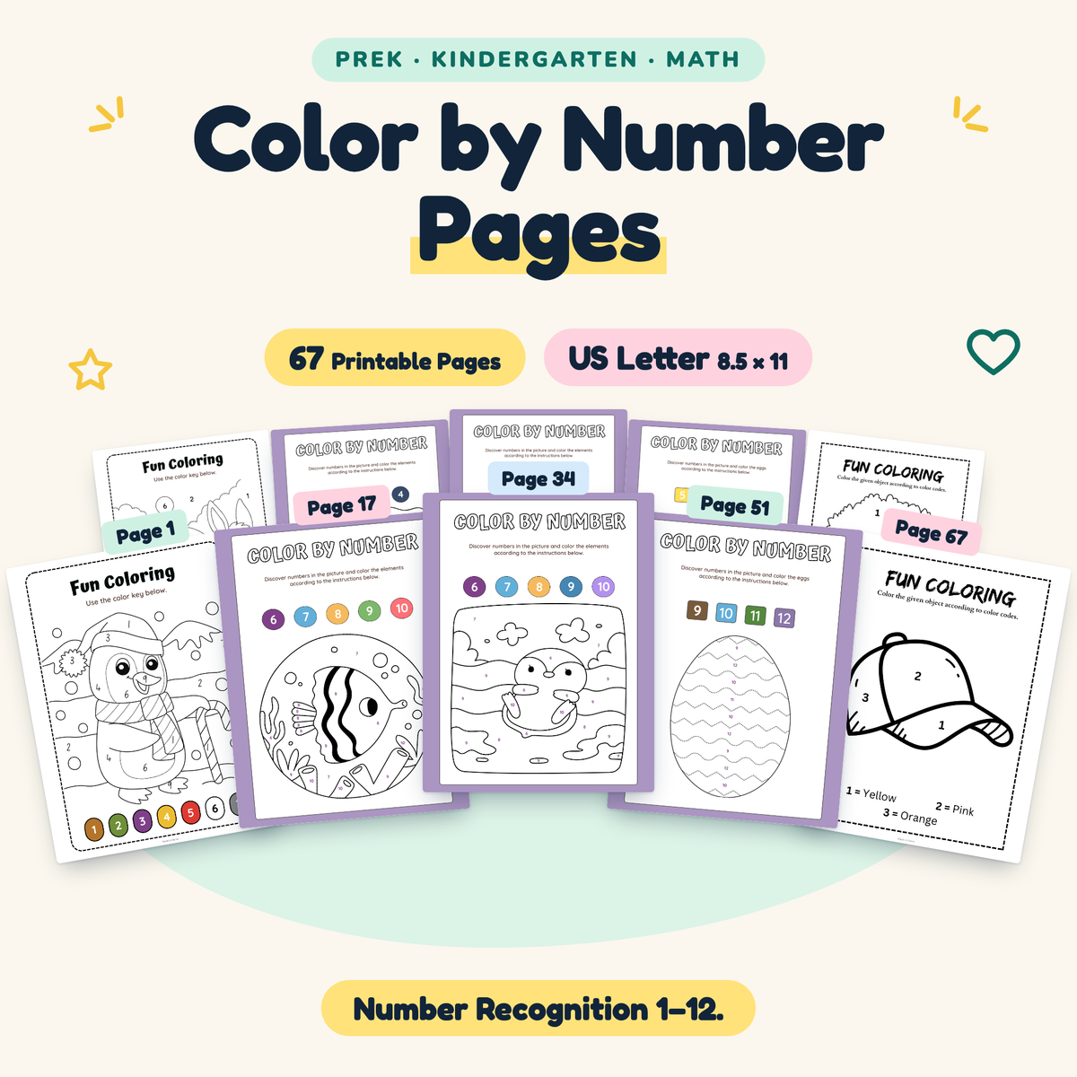 Color by Number Pages — Number Recognition 1–12, PreK–K — cover