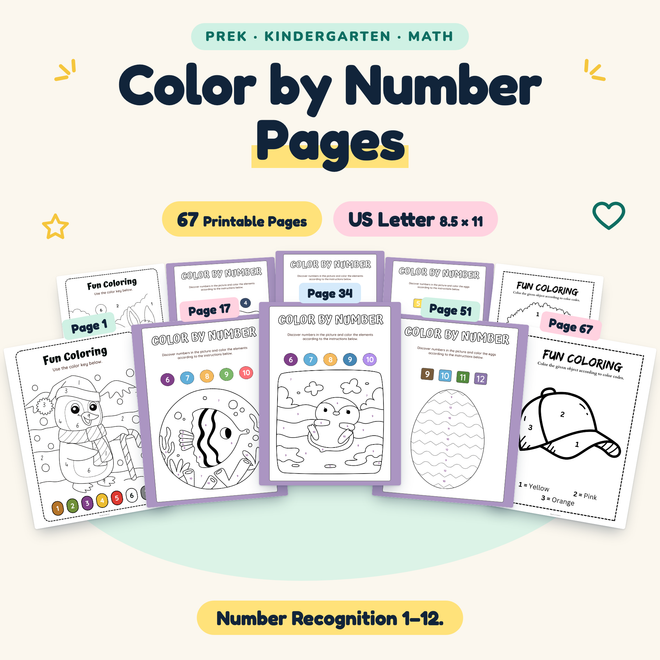 Color by Number Pages — Number Recognition 1–12, PreK–K — cover