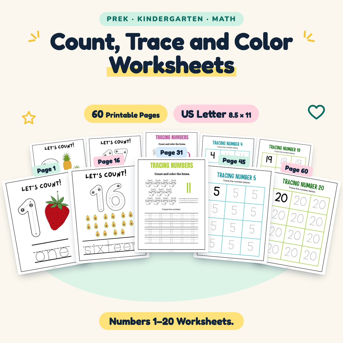 Count, Trace and Color — Numbers 1–20 Worksheets, PreK–K — cover