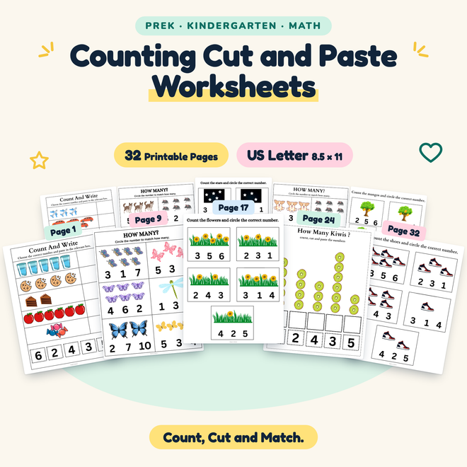 Counting Cut and Paste Worksheets — Count, Cut and Match, PreK–K — cover