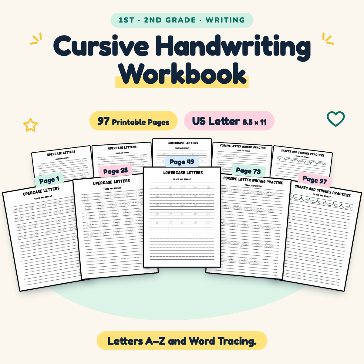 Cursive Handwriting Workbook — Letters A–Z and Word Tracing, 1–2 — cover