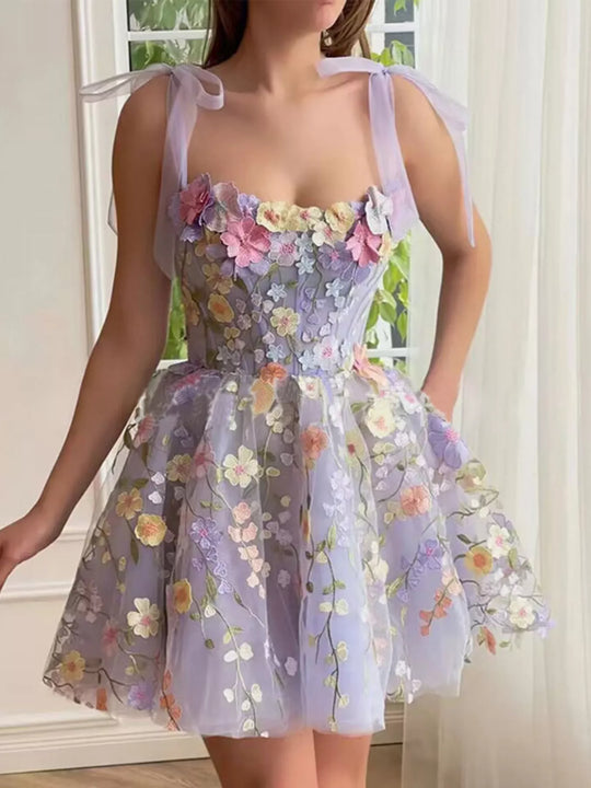 Anaïs — Floral Applique Tie Shoulder Mini Dress