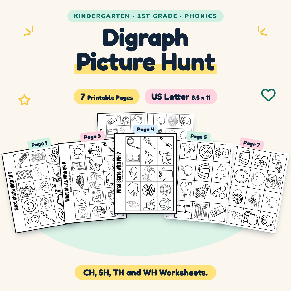 Digraph Picture Hunt — CH, SH, TH and WH Worksheets, K–1 — cover