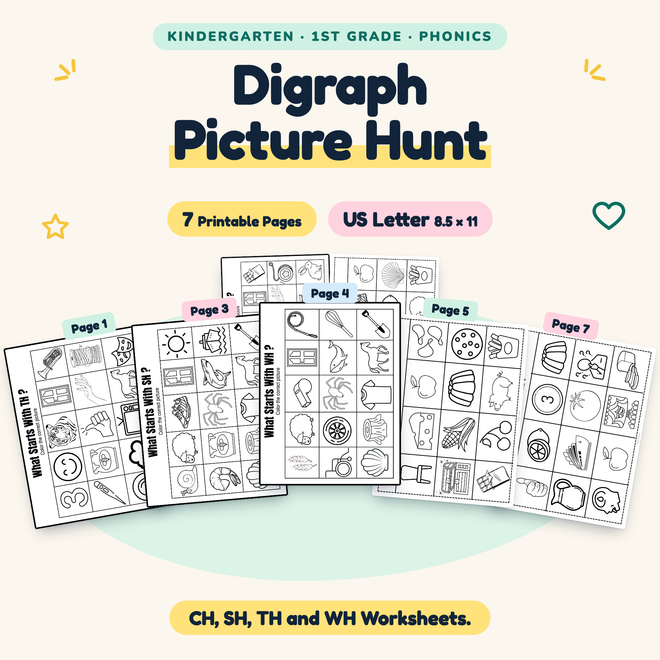 Digraph Picture Hunt — CH, SH, TH and WH Worksheets, K–1 — cover