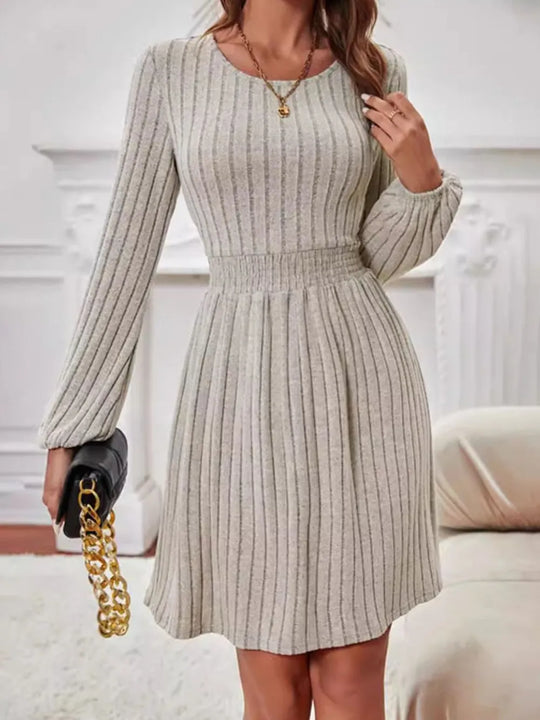 Dahlia — Smocked Round Neck Long Sleeve Knee Length Dress