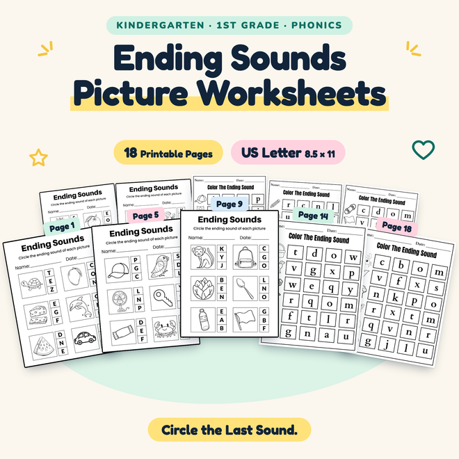 Ending Sounds Picture Worksheets — Circle the Last Sound, K–1 — cover