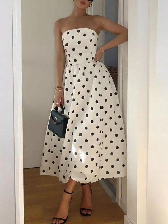 Iris — Polka Dot Strapless Midi Dress