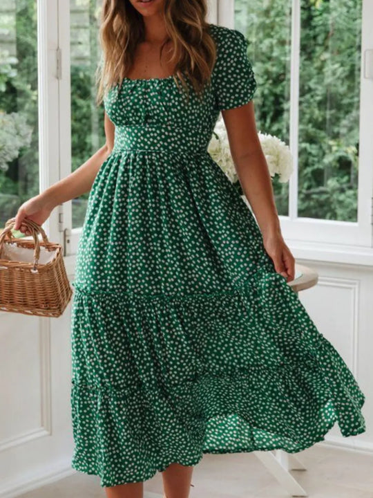 Thea — Printed Square Neck Short Sleeve Midi Dress