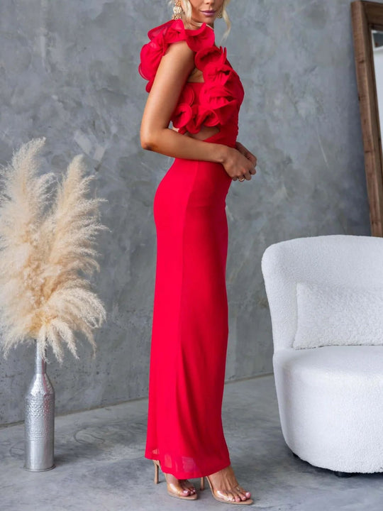 Pia — One-Shoulder Floral Trim Sleeveless Maxi Dress