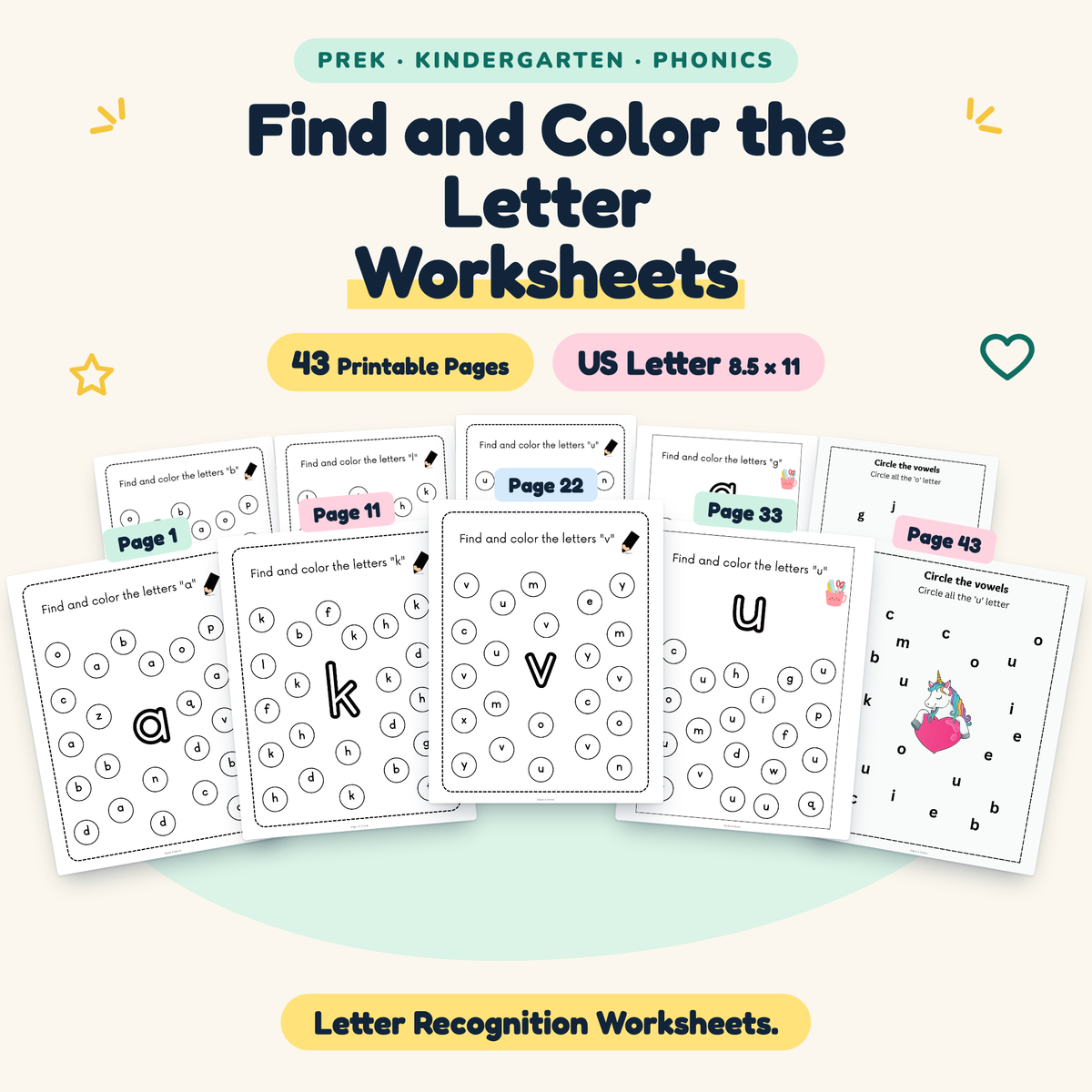 Find and Color the Letter — Letter Recognition Worksheets, PreK–K — cover