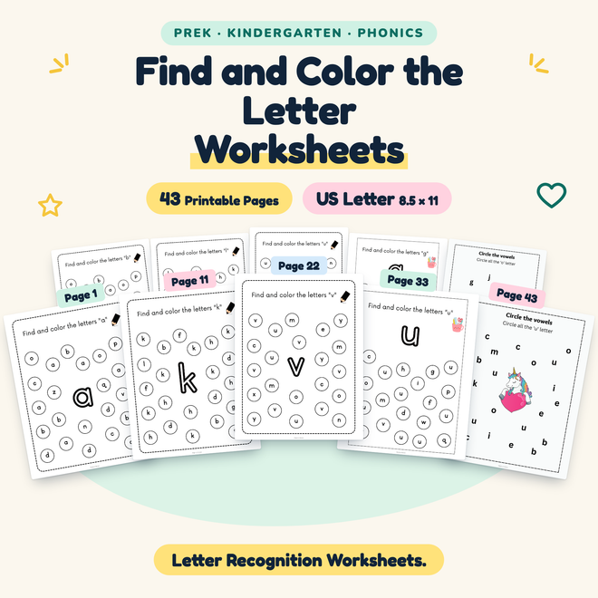 Find and Color the Letter — Letter Recognition Worksheets, PreK–K — cover