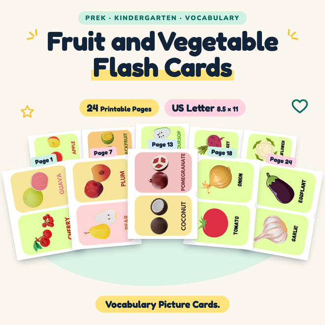 Fruit and Vegetable Flash Cards — Vocabulary Picture Cards, PreK–K — cover