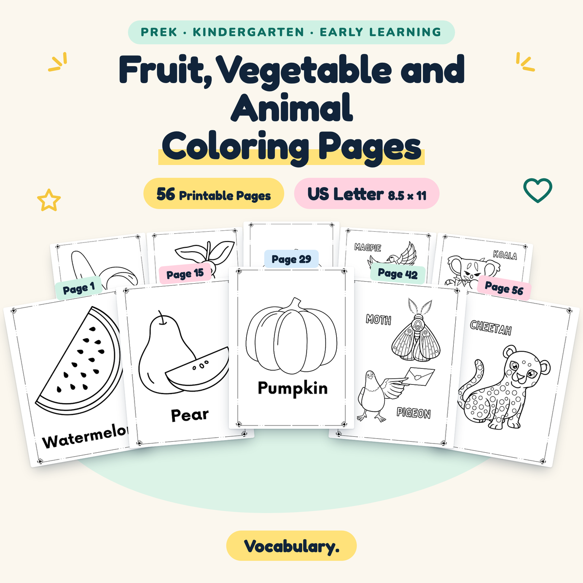 Fruit, Vegetable and Animal Coloring Pages — Vocabulary, PreK–K — cover