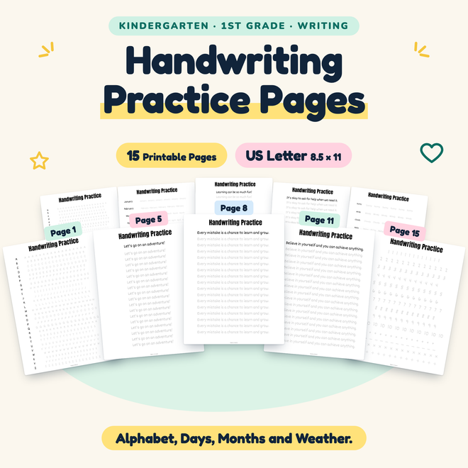 Handwriting Practice Pages — Alphabet, Days, Months and Weather, K–1 — cover
