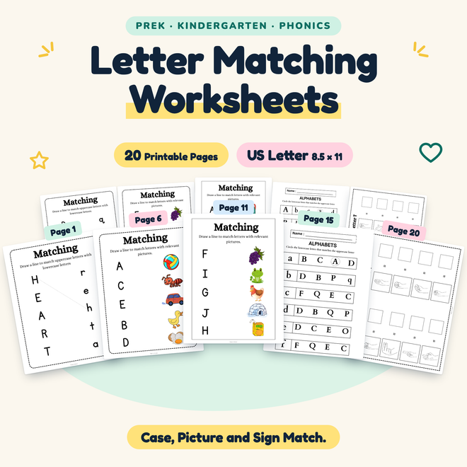 Letter Matching Worksheets — Case, Picture and Sign Match, PreK–K — cover