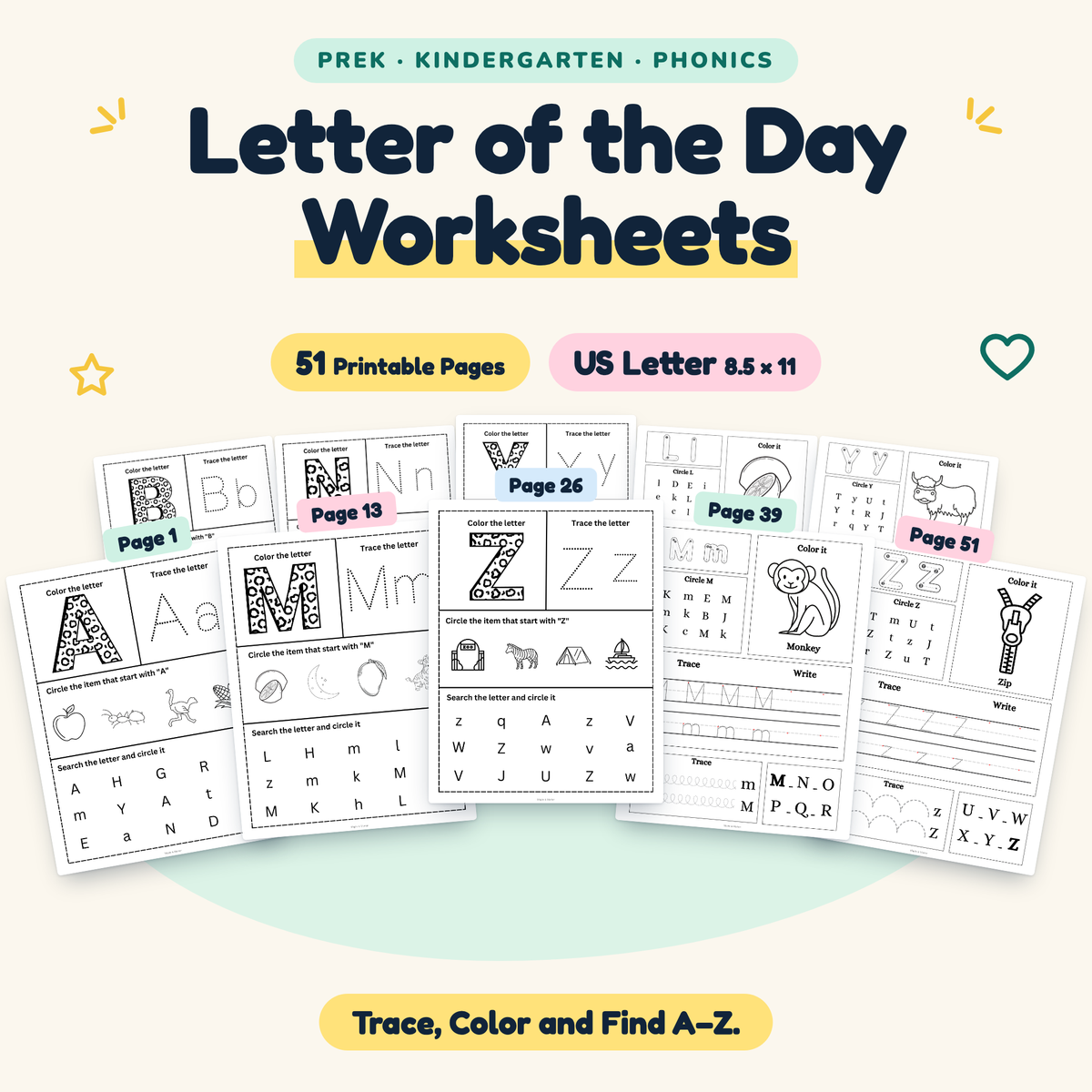 Letter of the Day Worksheets — Trace, Color and Find A–Z, PreK–K — cover