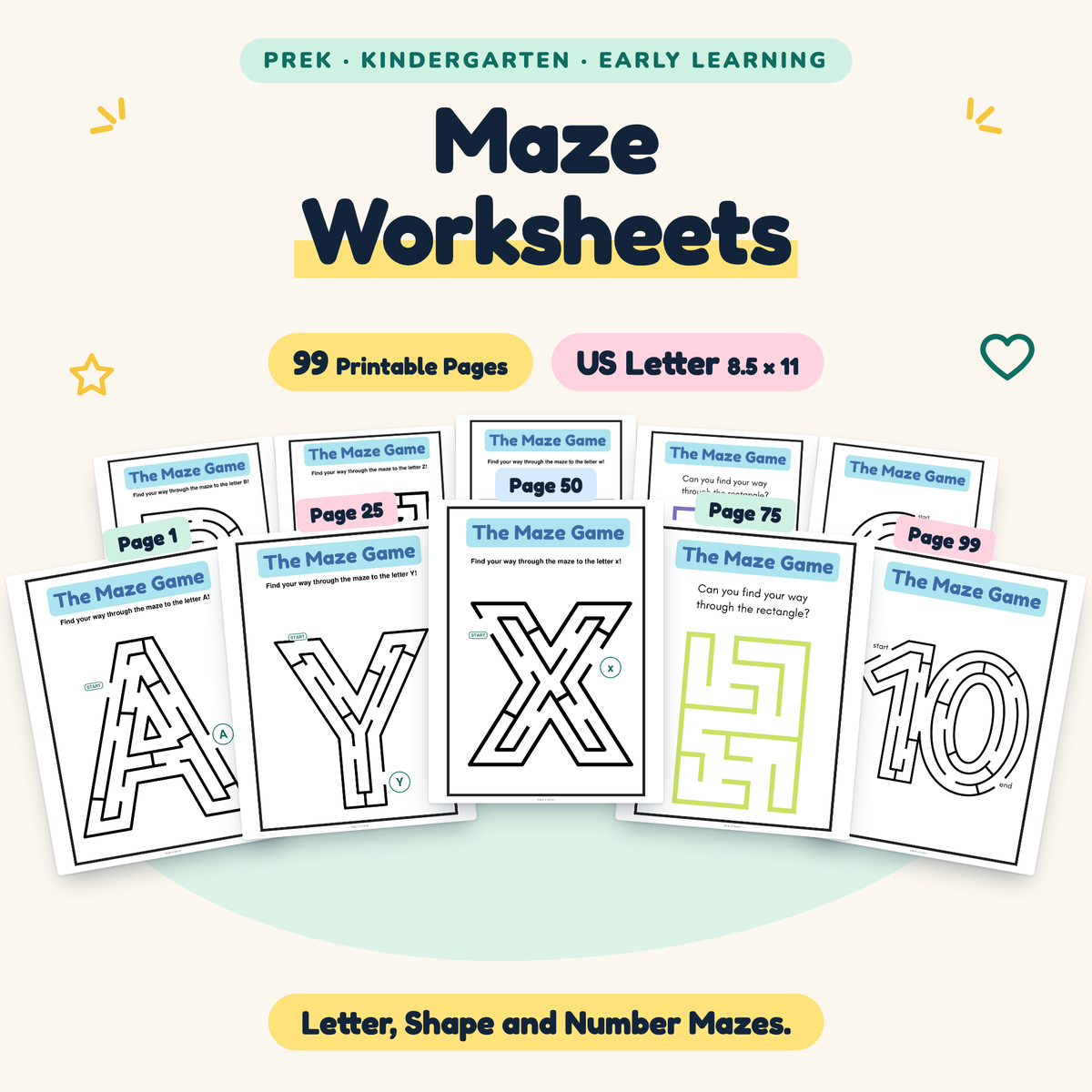 Maze Worksheets — Letter, Shape and Number Mazes, PreK–K — cover