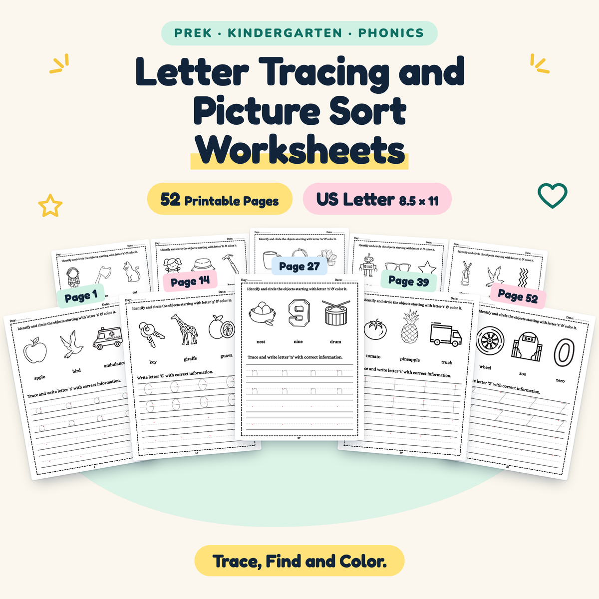 Letter Tracing and Picture Sort — Trace, Find and Color, PreK–K — cover