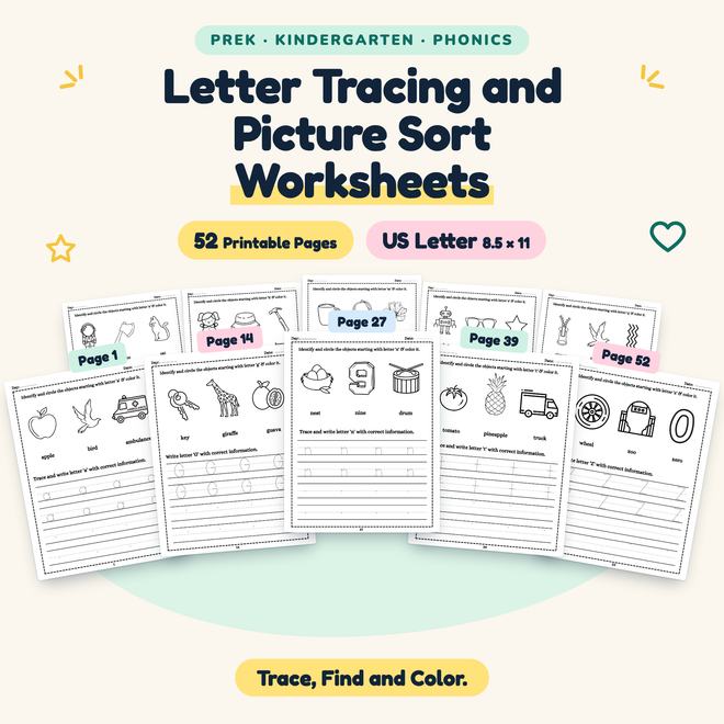 Letter Tracing and Picture Sort — Trace, Find and Color, PreK–K — cover