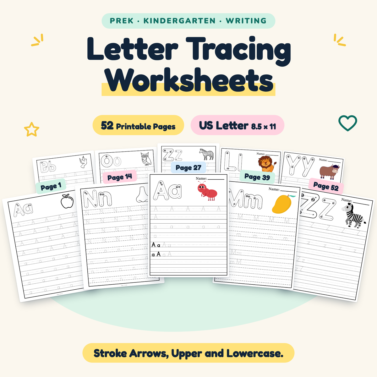 Letter Tracing Worksheets — Stroke Arrows, Upper and Lowercase, PreK–K — cover