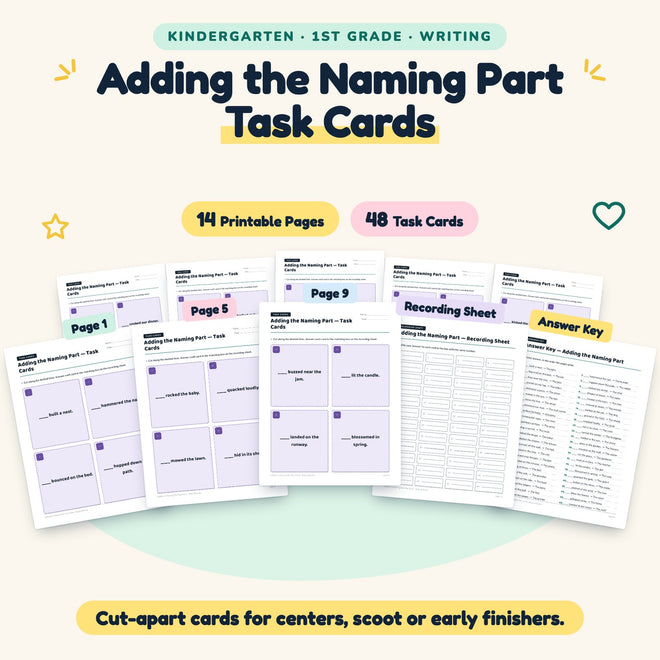 Adding the Naming Part Task Cards | K–1st Grade (26 Cards) — cover