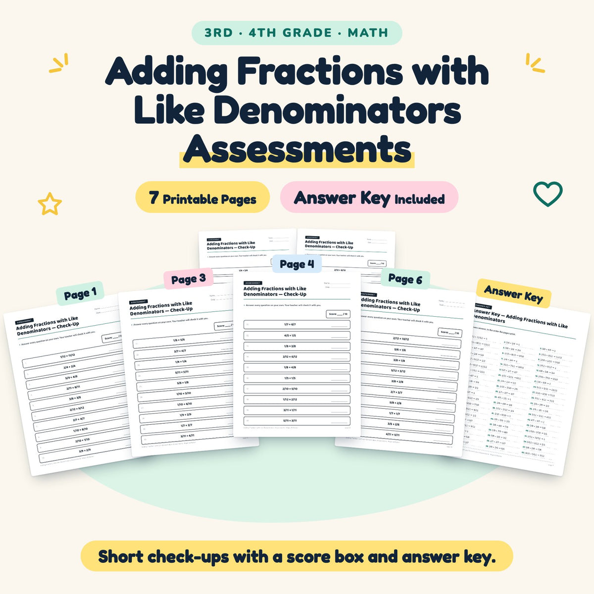 7 Adding Fractions with Like Denominators Assessments — cover