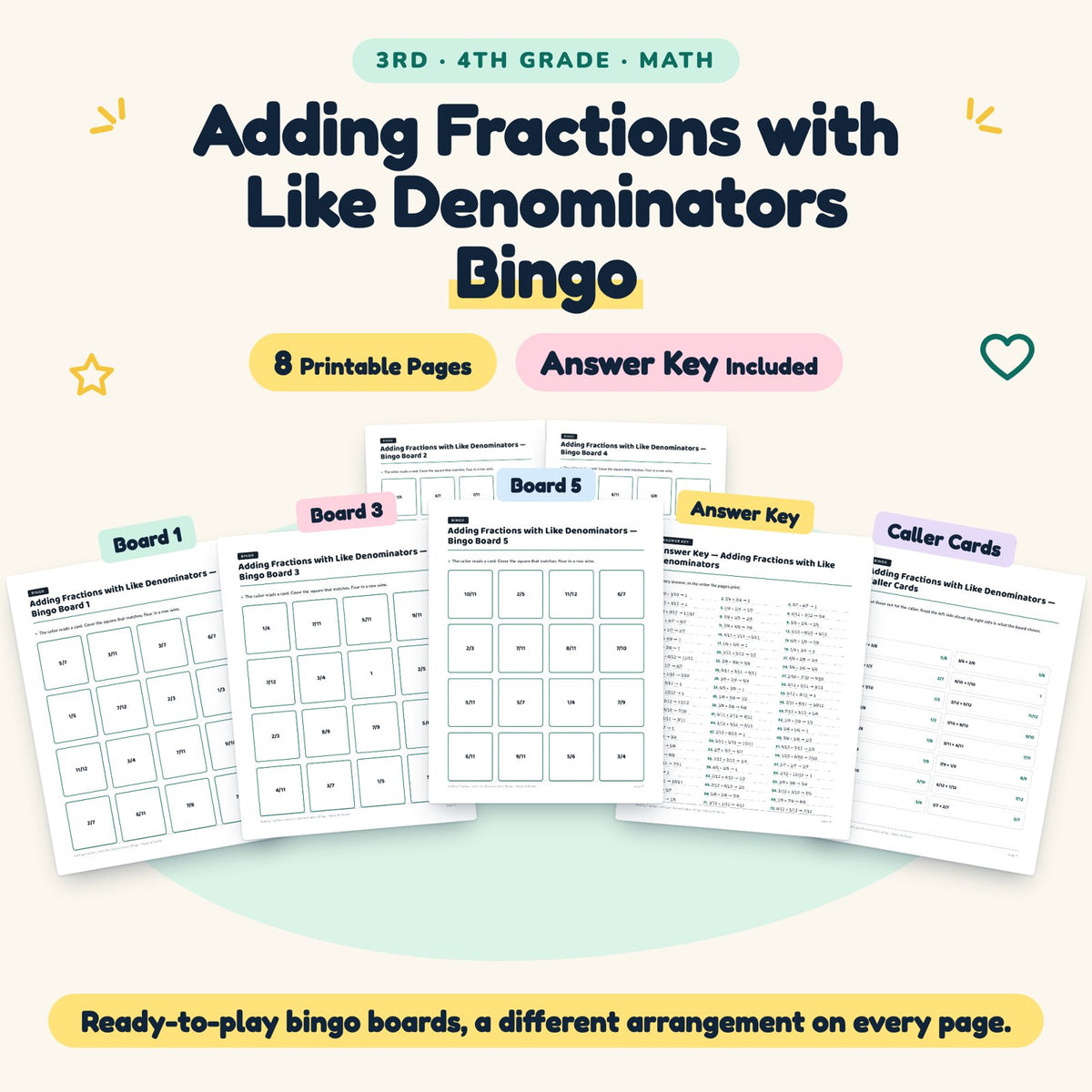 8 Adding Fractions with Like Denominators Bingo — cover