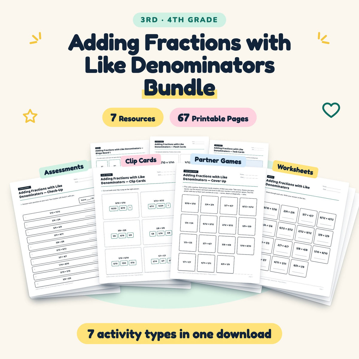 Adding Fractions with Like Denominators Bundle | 3rd–4th Grade — cover