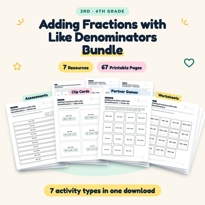 Adding Fractions with Like Denominators Bundle | 3rd–4th Grade — cover