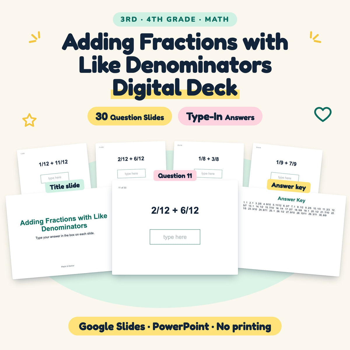 30 Question Adding Fractions with Like Denominators Digital Deck — cover