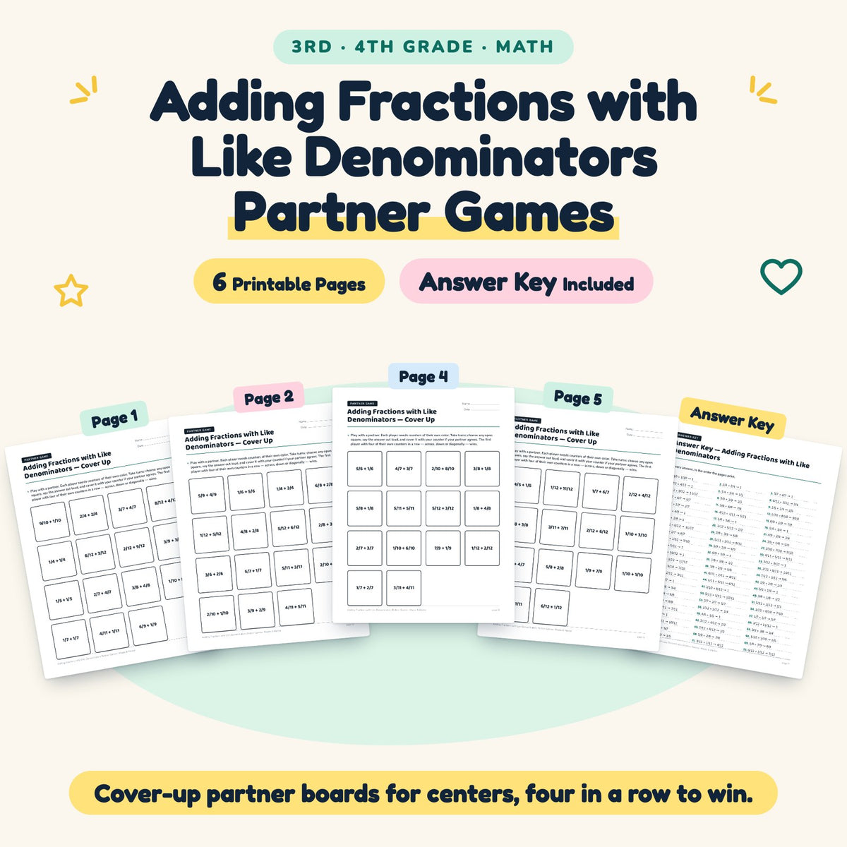 6 Adding Fractions with Like Denominators Partner Games — cover