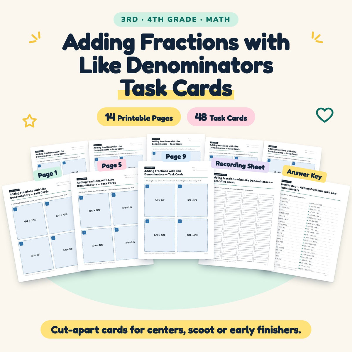 48 Adding Fractions with Like Denominators Task Cards — cover
