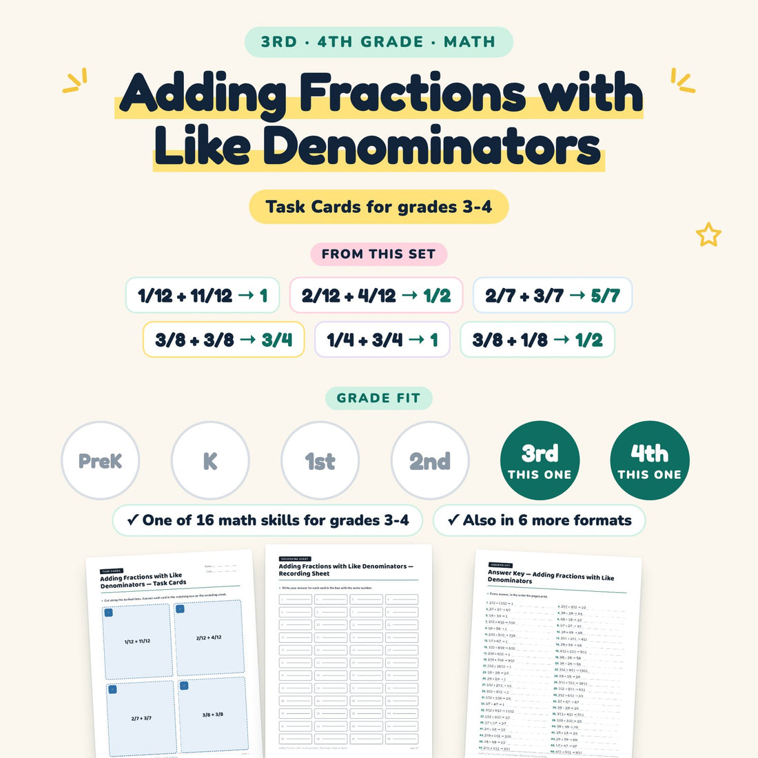 Adding Fractions with Like Denominators: skill and grade fit