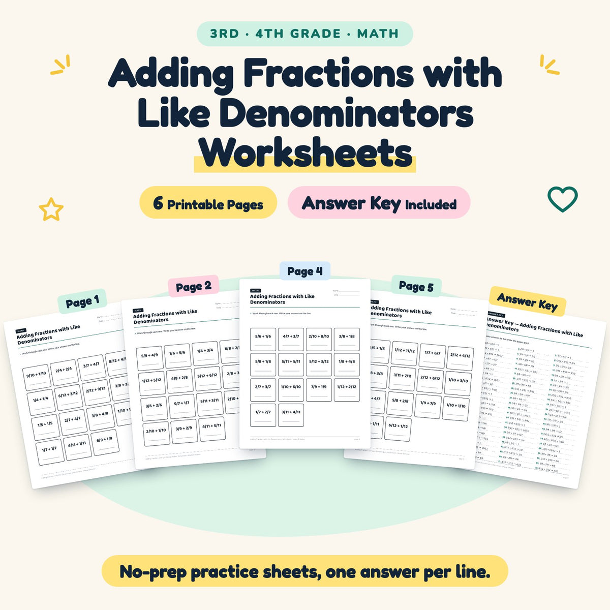 6 Adding Fractions with Like Denominators Worksheets — cover