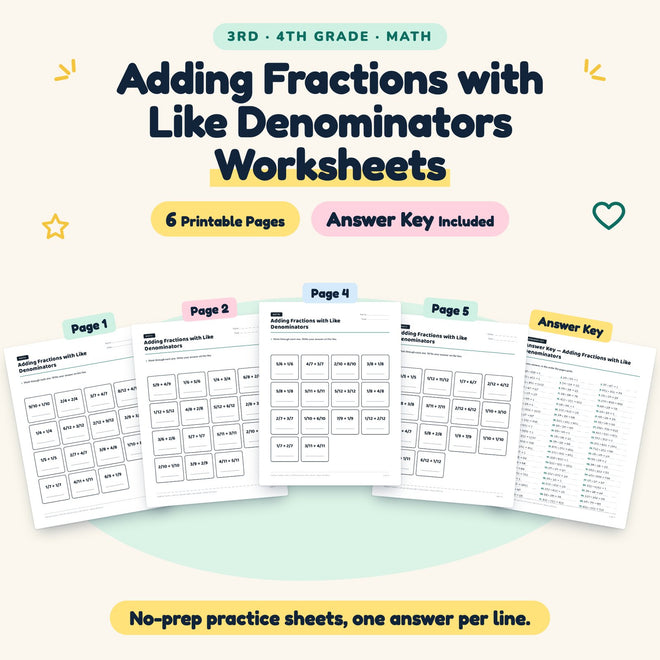 6 Adding Fractions with Like Denominators Worksheets — cover