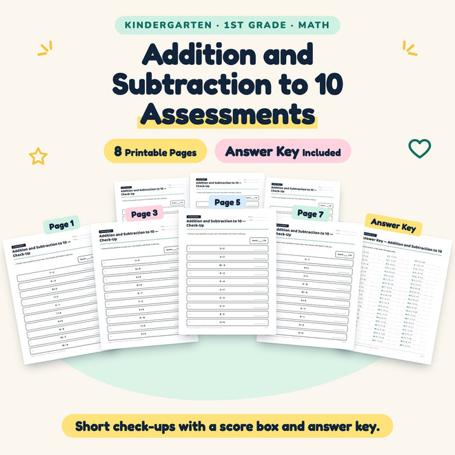 Addition and Subtraction to 10 Assessments | K–1st Grade — cover